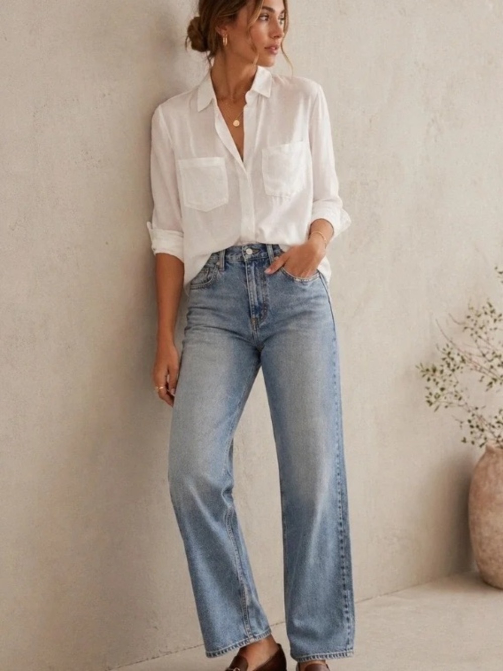 cloth & stone White Button Down Lyocell Soft Collared Shirt